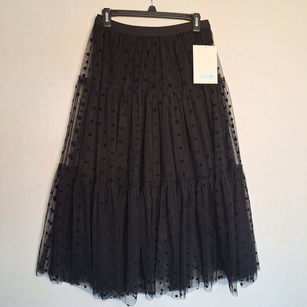 Whimsygoth  Midi Skirt Large Black Tulle Sheer Polka dot Tiered Witch Dark Fairy